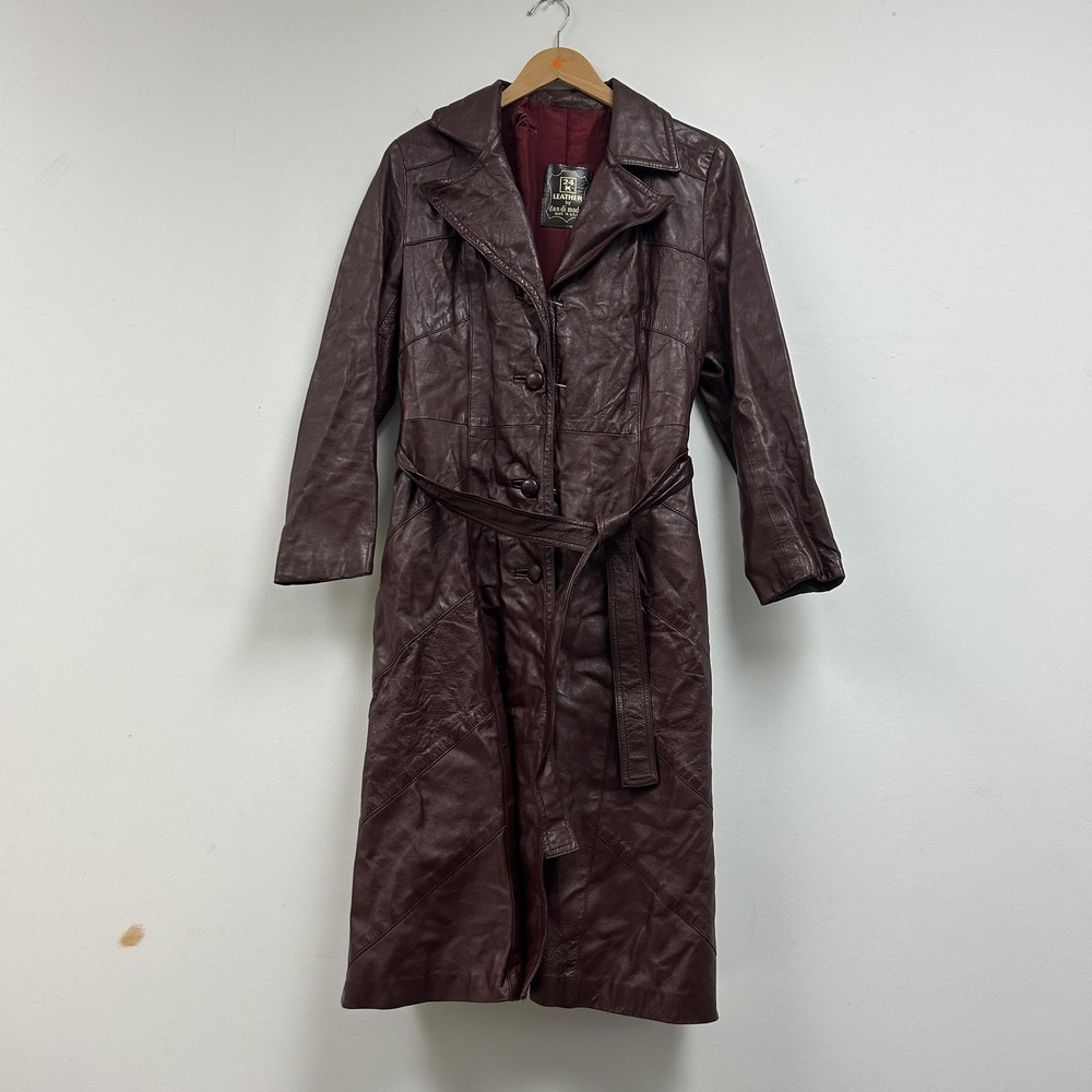 Vintage Dan Di Modes Coat Womens Small Brown Leather Long Trench Belted